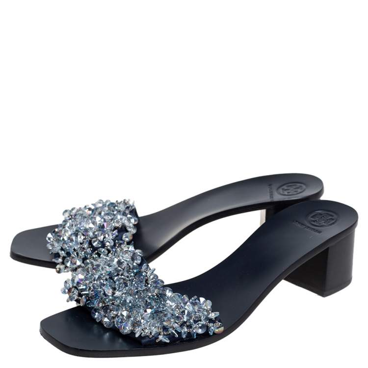Pre Owned Tory Burch Navy Blue Satin Beads Embellished Block Heel Slide Sandals Size 40