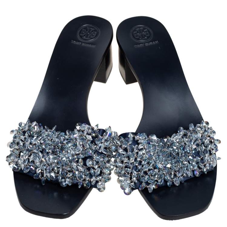 Pre Owned Tory Burch Navy Blue Satin Beads Embellished Block Heel Slide Sandals Size 40