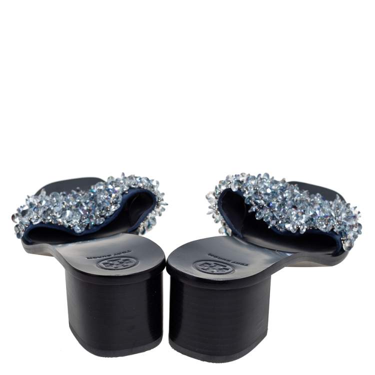 Pre Owned Tory Burch Navy Blue Satin Beads Embellished Block Heel Slide Sandals Size 40
