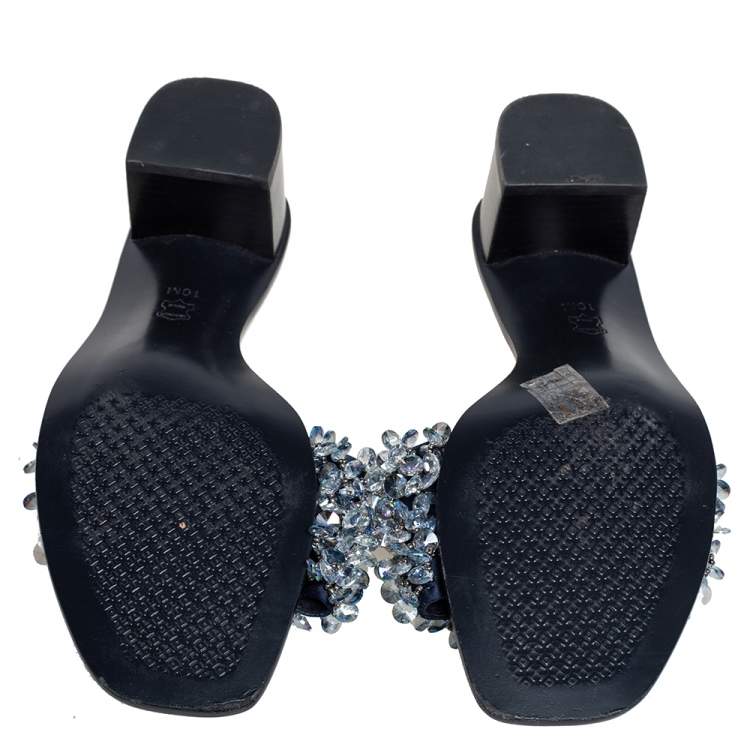 Pre Owned Tory Burch Navy Blue Satin Beads Embellished Block Heel Slide Sandals Size 40