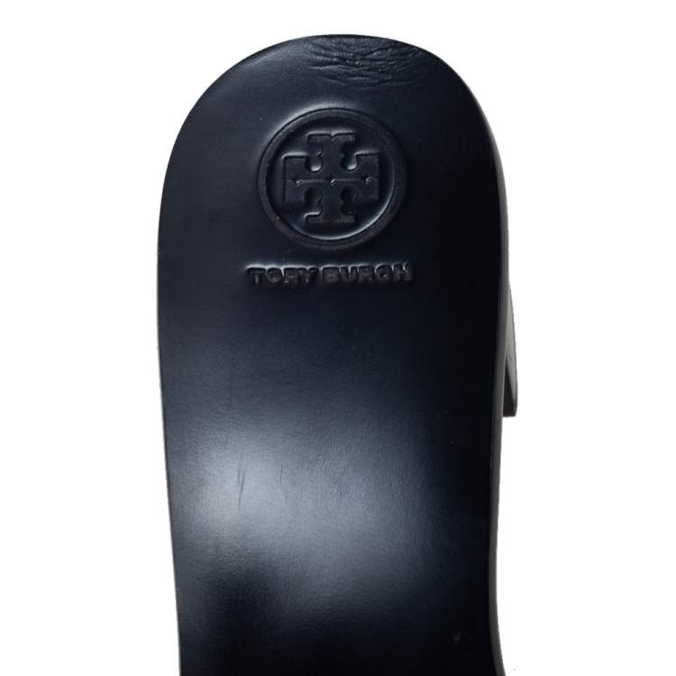 Pre Owned Tory Burch Navy Blue Satin Beads Embellished Block Heel Slide Sandals Size 40