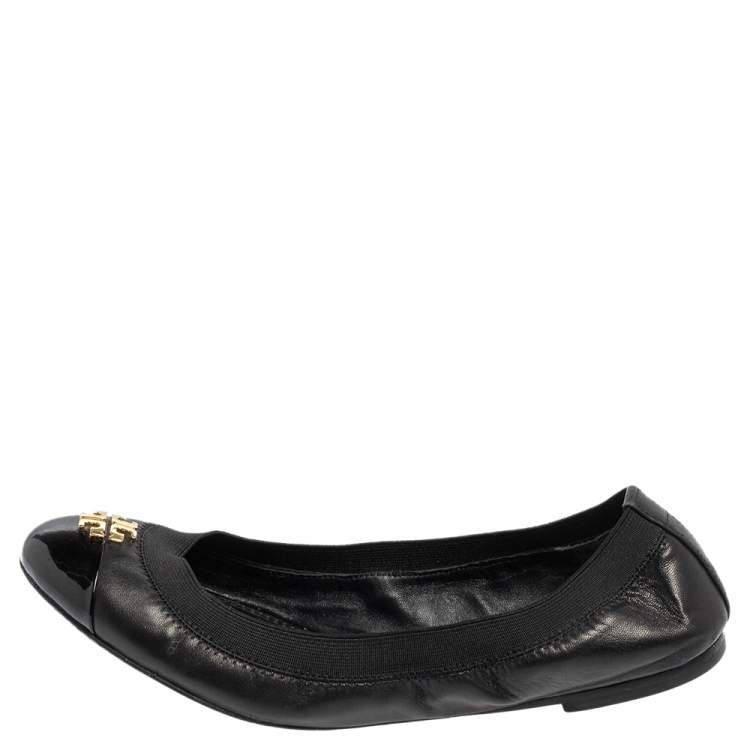 Pre Owned Tory Burch Black Leather Scrunch Ballet Flats Size 37