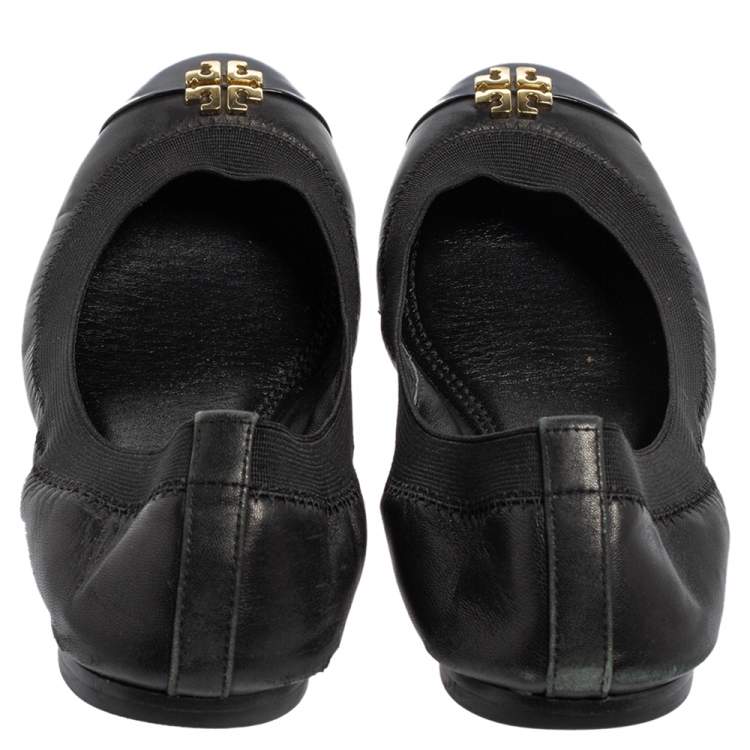 Pre Owned Tory Burch Black Leather Scrunch Ballet Flats Size 37