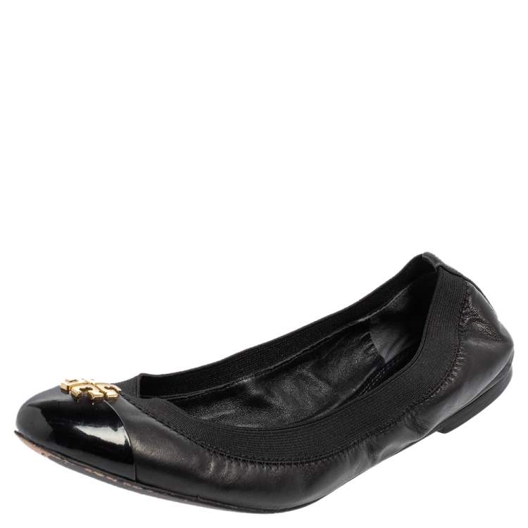Pre Owned Tory Burch Black Leather Scrunch Ballet Flats Size 37