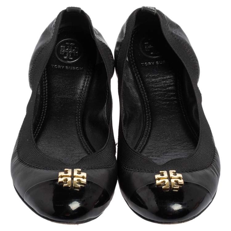 Pre Owned Tory Burch Black Leather Scrunch Ballet Flats Size 37