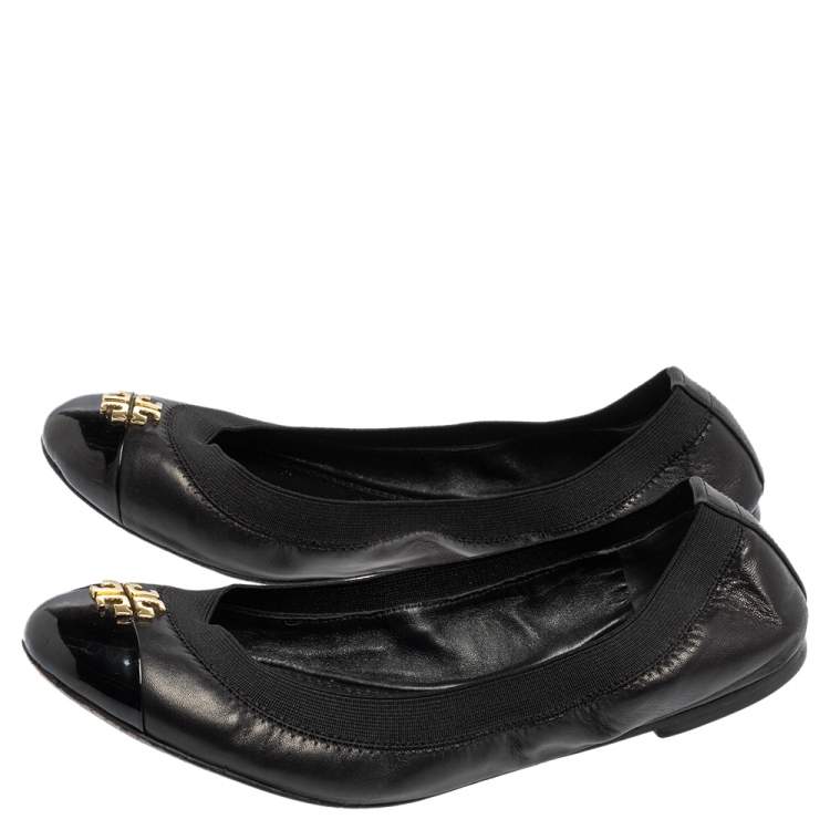 Pre Owned Tory Burch Black Leather Scrunch Ballet Flats Size 37