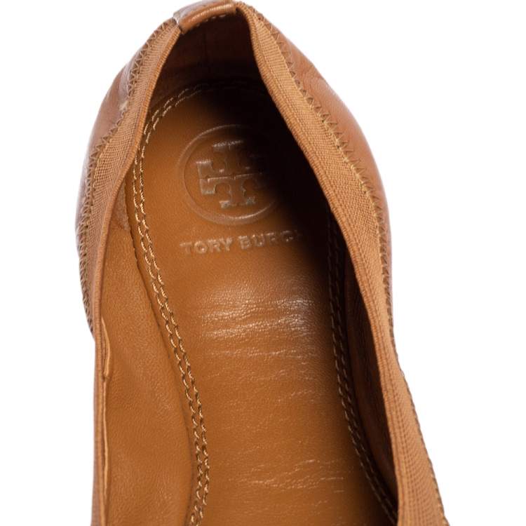 Pre Owned Tory Burch Brown Leather Scrunch Ballet Flats Size 37