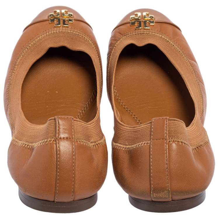 Pre Owned Tory Burch Brown Leather Scrunch Ballet Flats Size 37