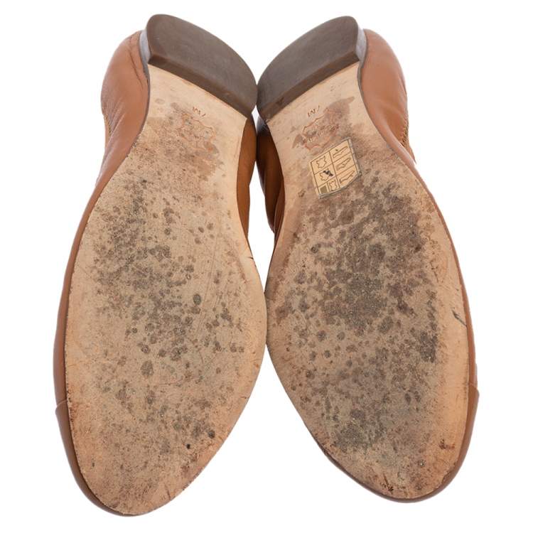 Pre Owned Tory Burch Brown Leather Scrunch Ballet Flats Size 37