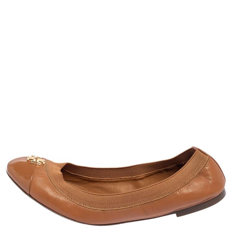Pre Owned Tory Burch Brown Leather Scrunch Ballet Flats Size 37