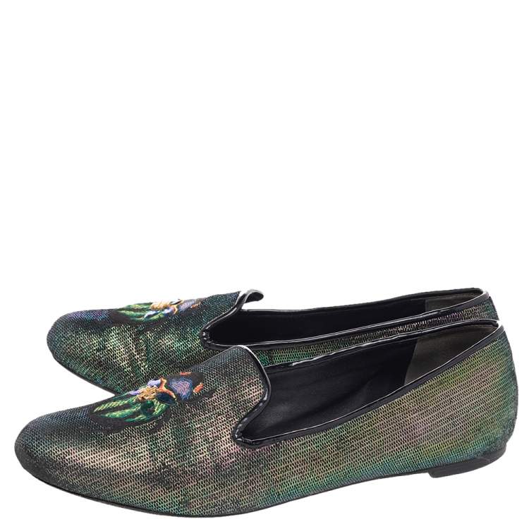Pre Owned Tory Burch Multicolor Iridescent Leather Beetle Embroidered Smoking Slippers Size 38.5