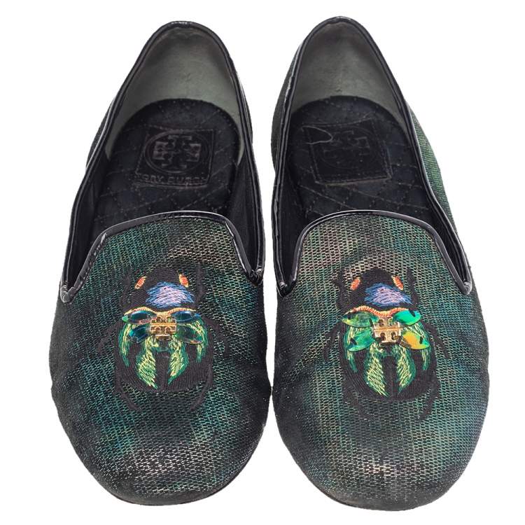 Pre Owned Tory Burch Multicolor Iridescent Leather Beetle Embroidered Smoking Slippers Size 38.5