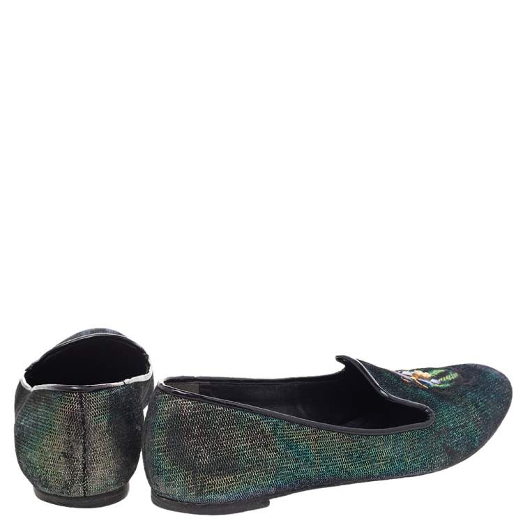 Pre Owned Tory Burch Multicolor Iridescent Leather Beetle Embroidered Smoking Slippers Size 38.5