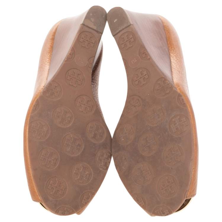 Pre Owned Tory Burch Brown Leather Peep Toe Wedge Pumps Size 37