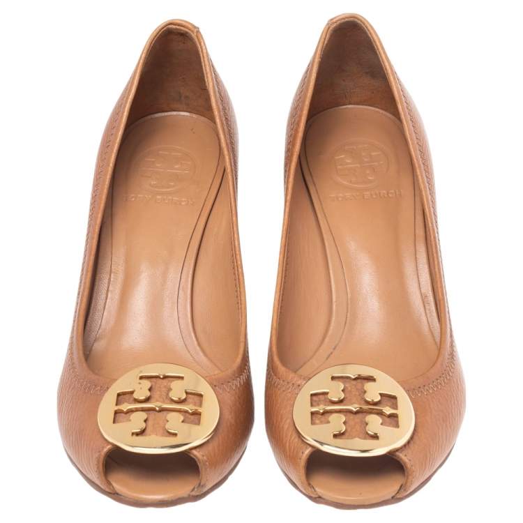 Pre Owned Tory Burch Brown Leather Peep Toe Wedge Pumps Size 37