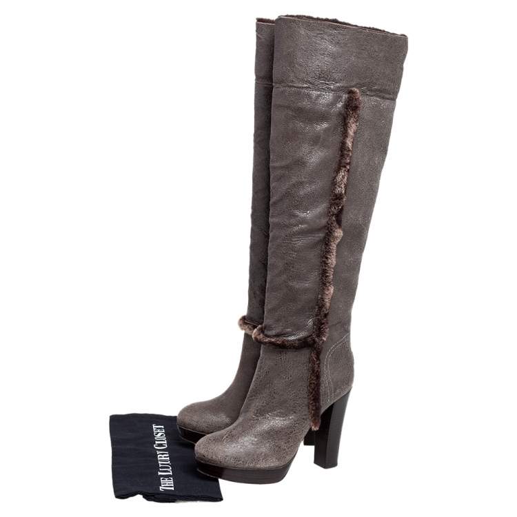 Pre Owned Tory Burch Brown Crinkled Leather and Shearling Fur Knee Length Boots Size 38.5