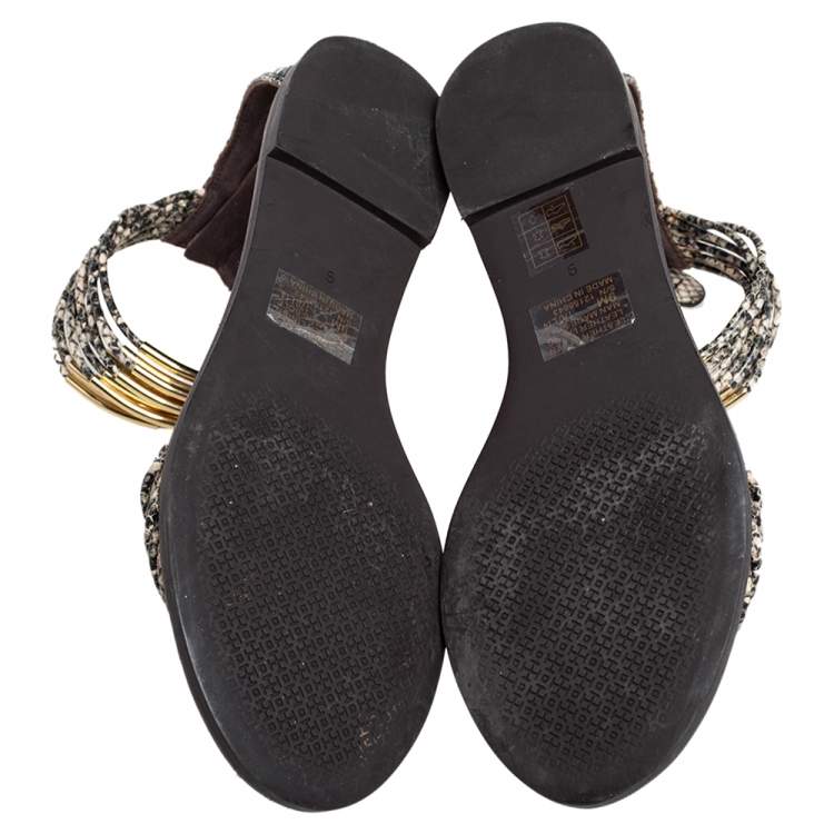 Pre Owned Tory Burch Beige/Black Python Embossed Leather Mignon Braided Flat Size 39