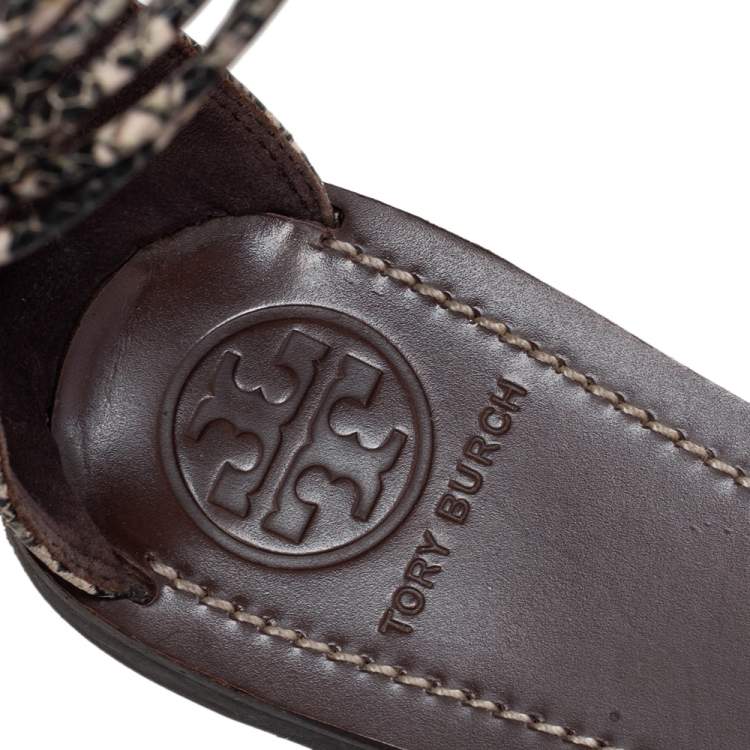 Pre Owned Tory Burch Beige/Black Python Embossed Leather Mignon Braided Flat Size 39