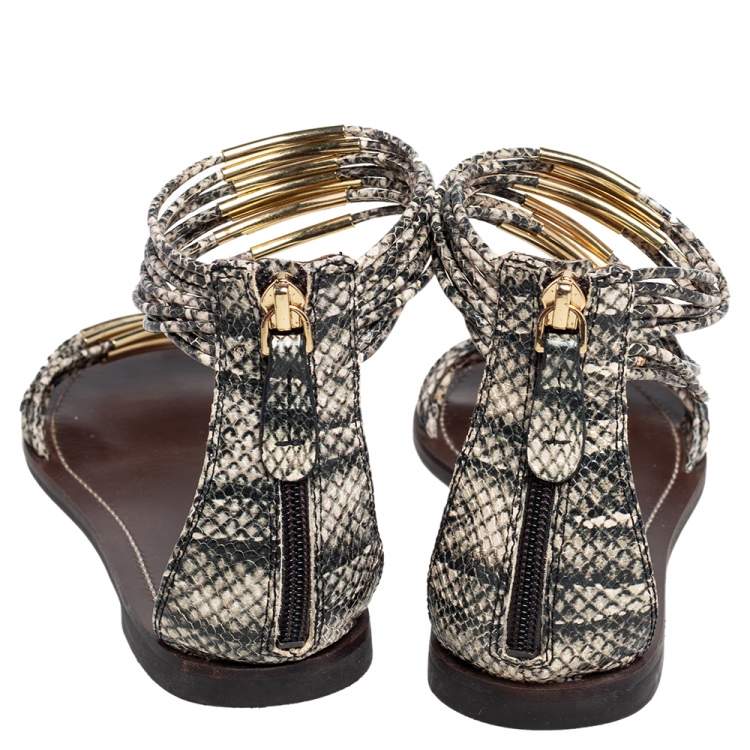 Pre Owned Tory Burch Beige/Black Python Embossed Leather Mignon Braided Flat Size 39