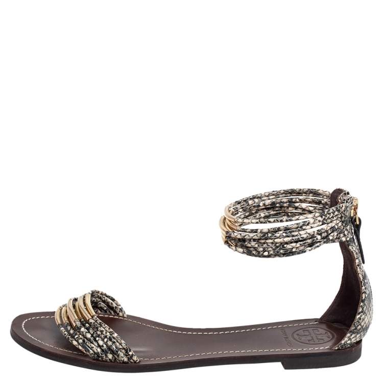Pre Owned Tory Burch Beige/Black Python Embossed Leather Mignon Braided Flat Size 39