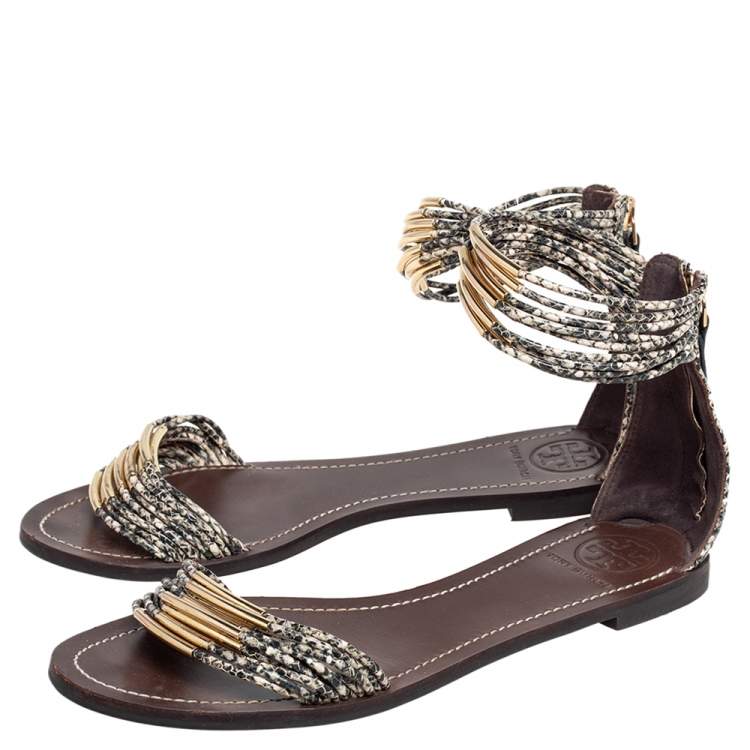 Pre Owned Tory Burch Beige/Black Python Embossed Leather Mignon Braided Flat Size 39