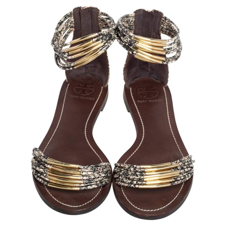 Pre Owned Tory Burch Beige/Black Python Embossed Leather Mignon Braided Flat Size 39