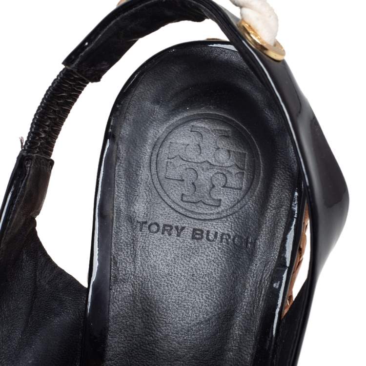 Pre Owned Tory Burch Black Patent Leather Nautical Theme Rattan Wedge Sandals Size 40