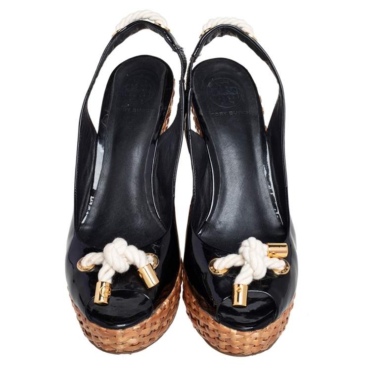 Pre Owned Tory Burch Black Patent Leather Nautical Theme Rattan Wedge Sandals Size 40