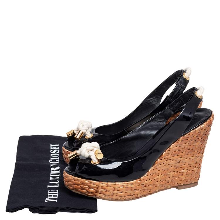 Pre Owned Tory Burch Black Patent Leather Nautical Theme Rattan Wedge Sandals Size 40