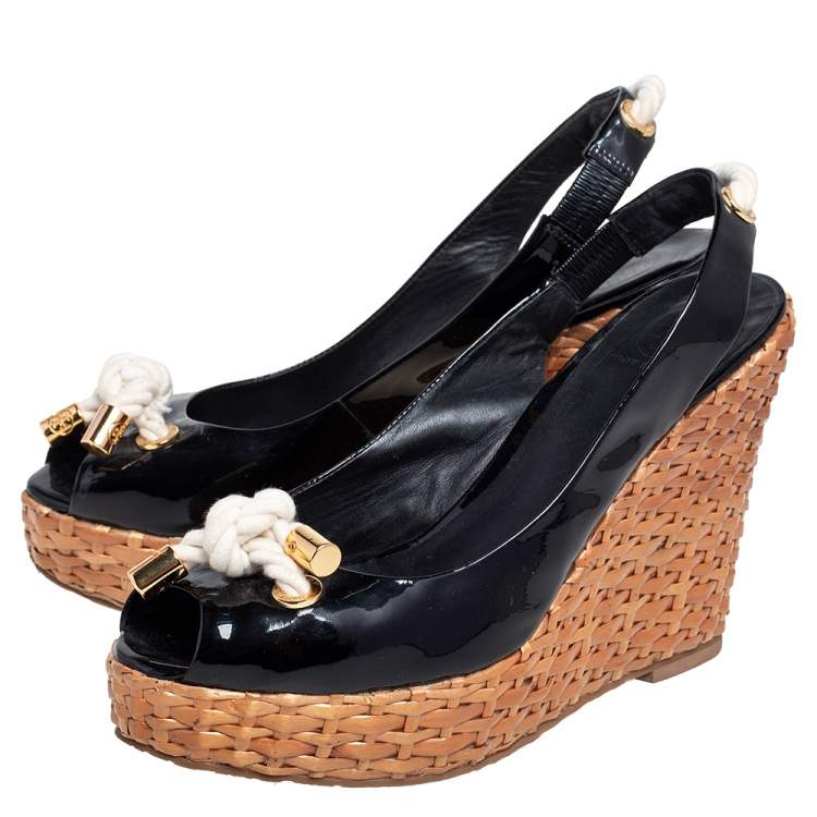 Pre Owned Tory Burch Black Patent Leather Nautical Theme Rattan Wedge Sandals Size 40