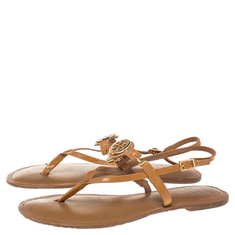 Pre Owned Tory Burch Brown Patent Leather Thong Flats Size 39