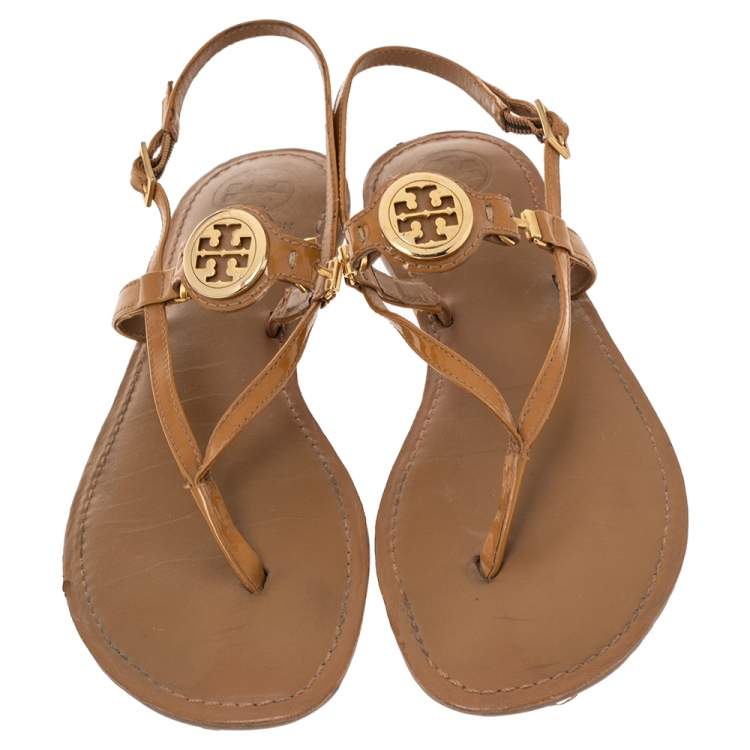 Pre Owned Tory Burch Brown Patent Leather Thong Flats Size 39