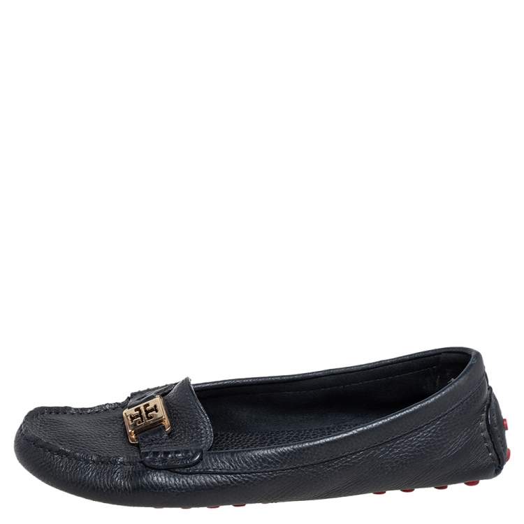Pre Owned Tory Burch Navy Blue Grained Leather Driving Loafers Size 40