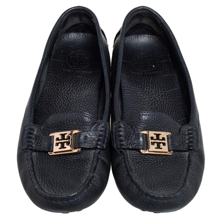 Pre Owned Tory Burch Navy Blue Grained Leather Driving Loafers Size 40