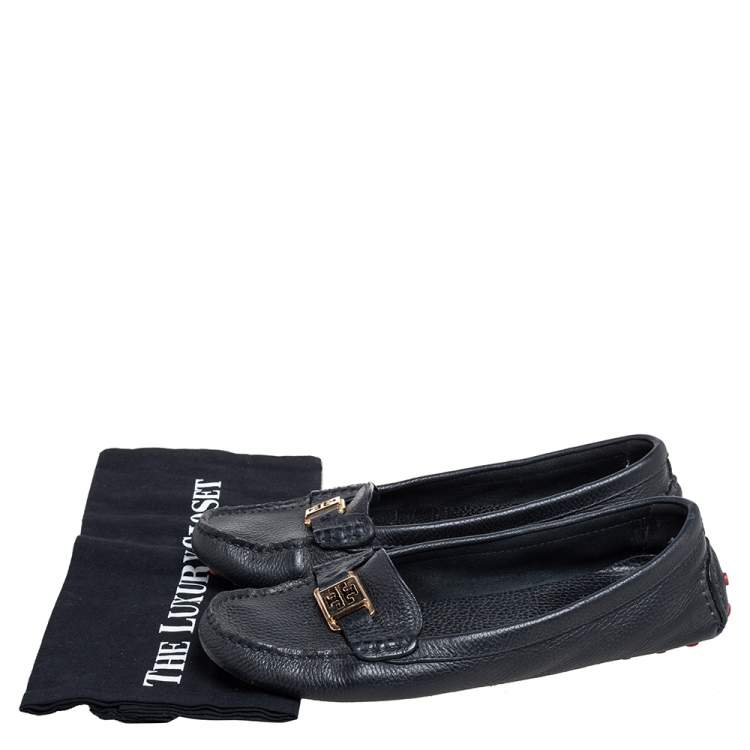 Pre Owned Tory Burch Navy Blue Grained Leather Driving Loafers Size 40