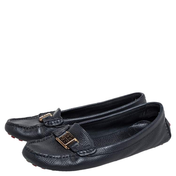 Pre Owned Tory Burch Navy Blue Grained Leather Driving Loafers Size 40
