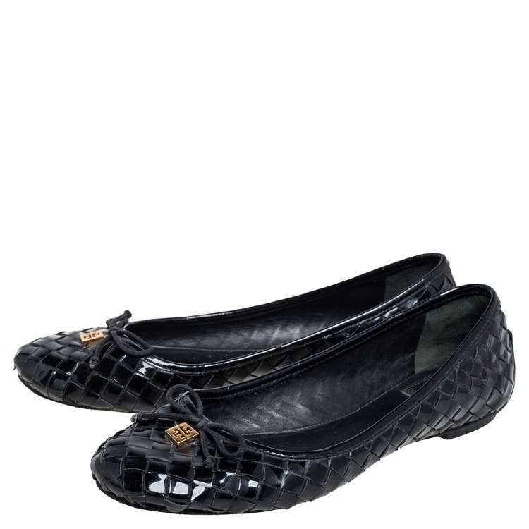 Pre Owned Tory Burch Black Woven Patent Leather Bow Ballet Flats Size 40