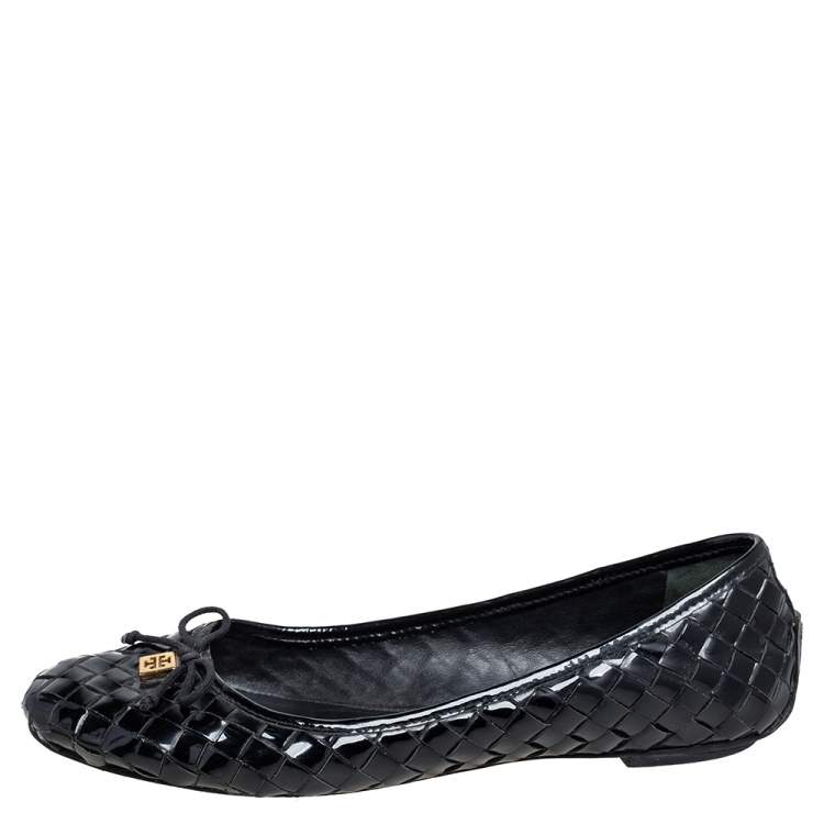 Pre Owned Tory Burch Black Woven Patent Leather Bow Ballet Flats Size 40