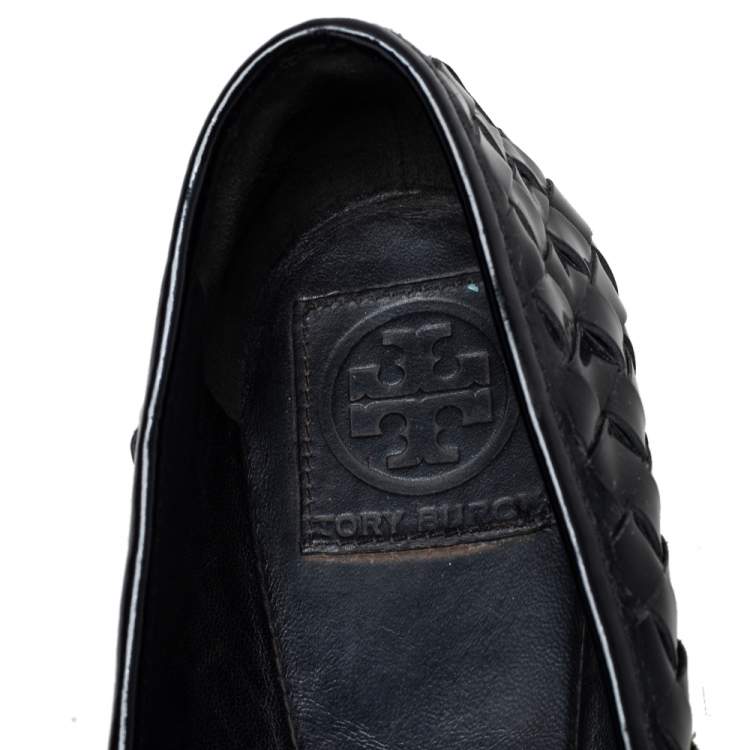 Pre Owned Tory Burch Black Woven Patent Leather Bow Ballet Flats Size 40