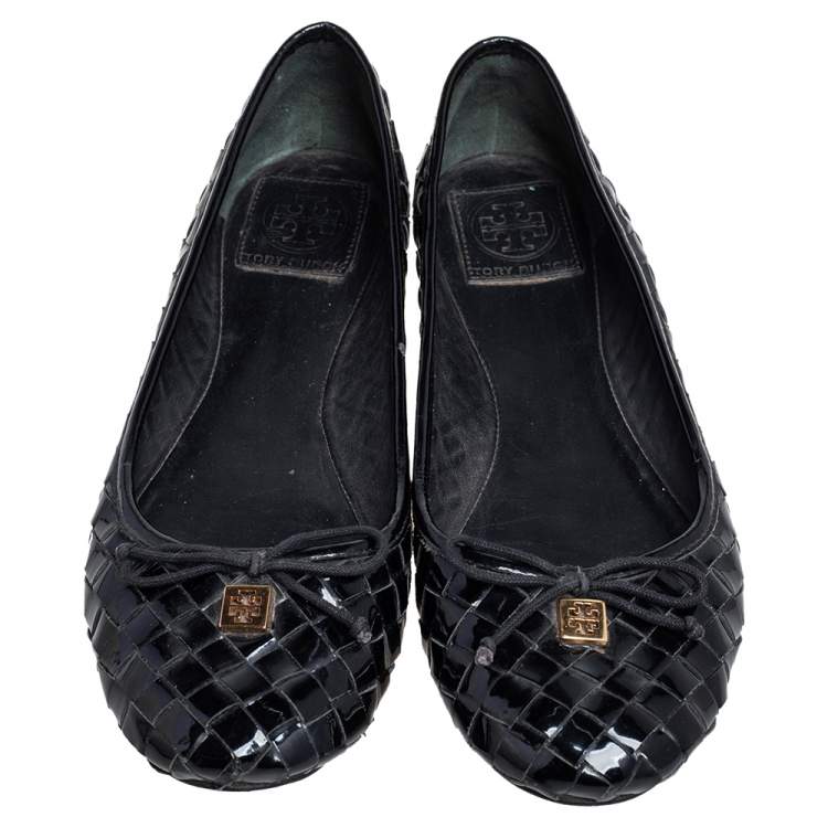 Pre Owned Tory Burch Black Woven Patent Leather Bow Ballet Flats Size 40