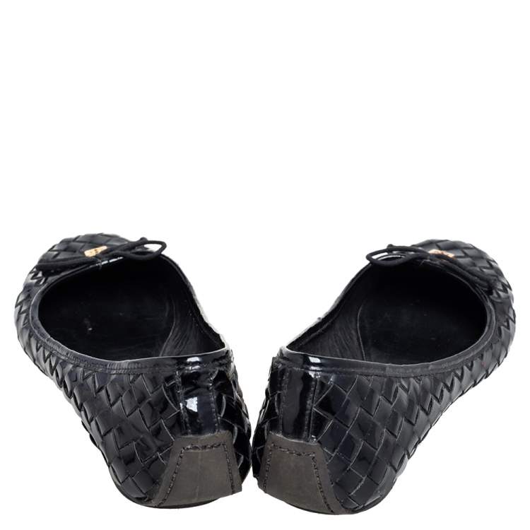 Pre Owned Tory Burch Black Woven Patent Leather Bow Ballet Flats Size 40