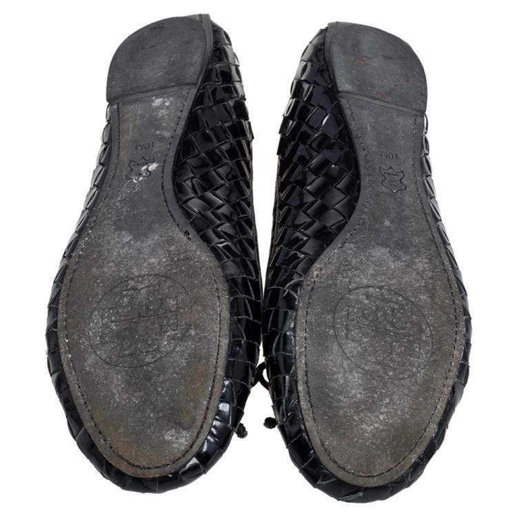 Pre Owned Tory Burch Black Woven Patent Leather Bow Ballet Flats Size 40