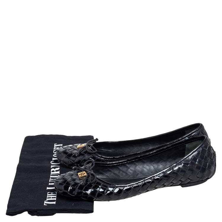 Pre Owned Tory Burch Black Woven Patent Leather Bow Ballet Flats Size 40