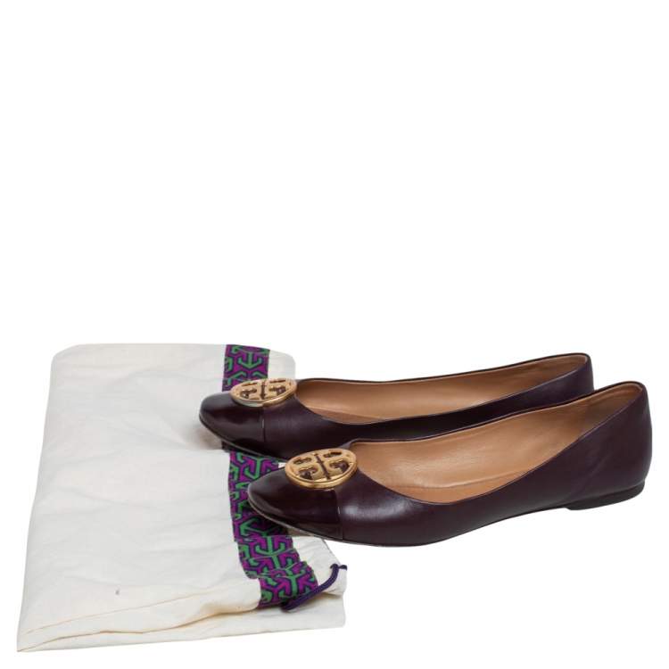 Pre Owned Tory Burch Purple Leather and Patent Leather Cap Toe Ballet Flats Size 37.5