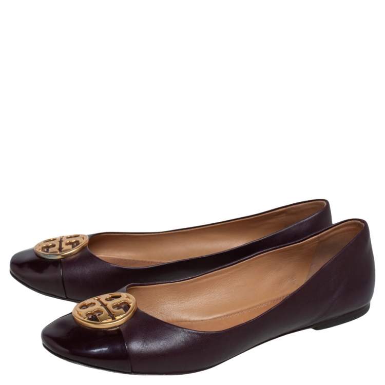 Pre Owned Tory Burch Purple Leather and Patent Leather Cap Toe Ballet Flats Size 37.5
