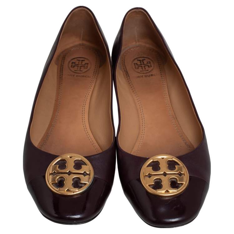 Pre Owned Tory Burch Purple Leather and Patent Leather Cap Toe Ballet Flats Size 37.5