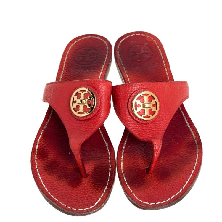 Pre Owned Tory Burch Red Leather Jolie Thon Flats Size 36.5