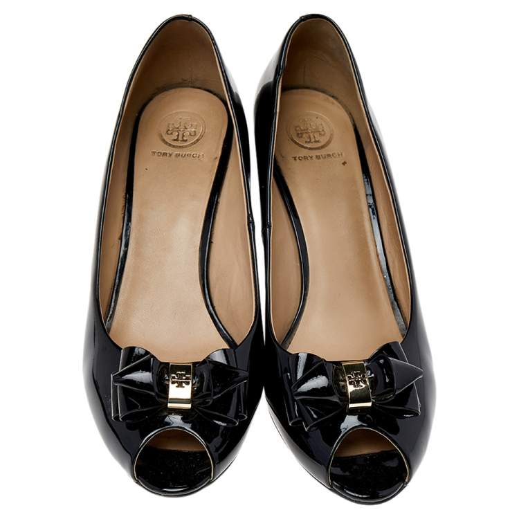 Pre Owned Tory Burch Black Patent Leather Wedge Pumps Size 39.5