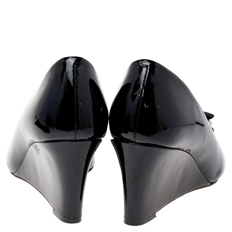 Pre Owned Tory Burch Black Patent Leather Wedge Pumps Size 39.5