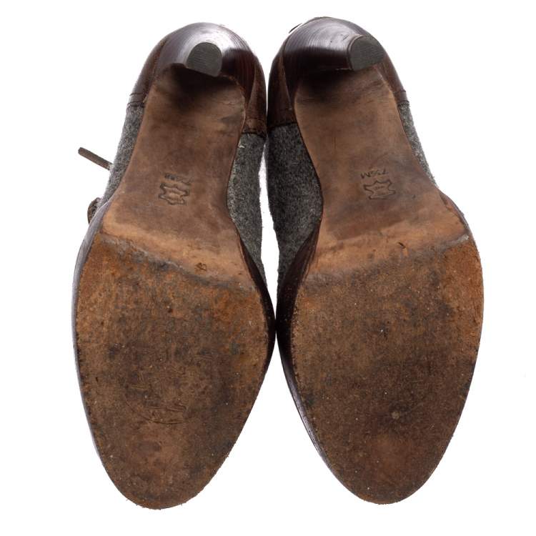 Pre Owned Tory Burch Brown/Grey Wool and Leather Lawson Boots Size 37.5